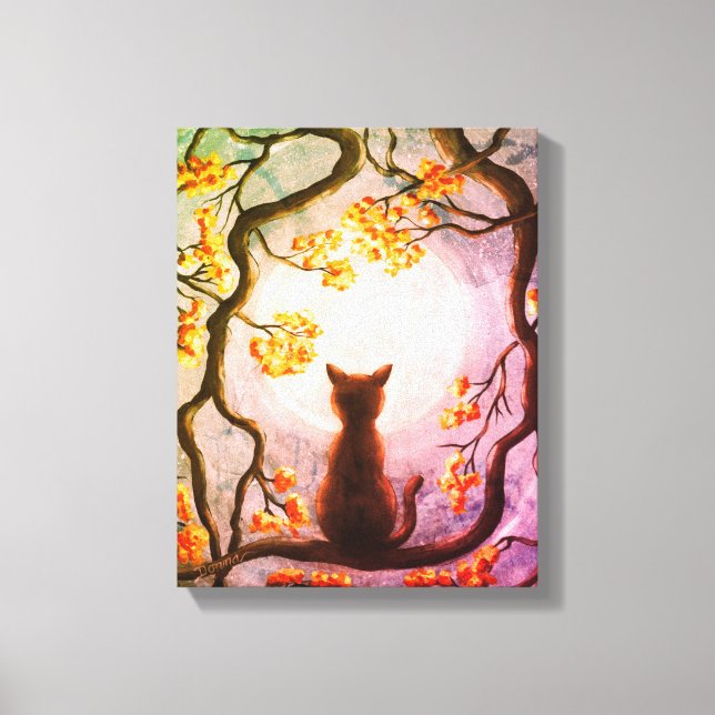 Whimsical Cat in Tree Vollmond Malerei Kunst Leinwanddruck (Vorderseite)