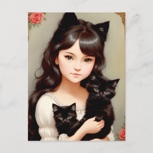 Whimsical Cat Lady - Vintage Malerei. Postkarte (Vorderseite)