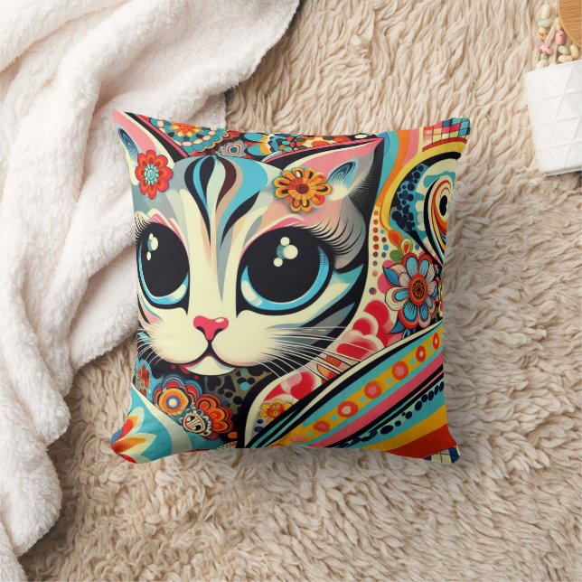 Whimsical Cat Mexican Folk Art Talavera Style Kissen (Decke)