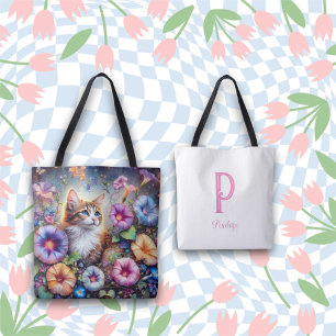 Whimsical Cat Morning Glory Garden Monogramm Tasche