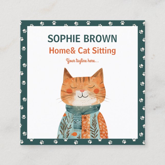 Whimsical Cat Paw Muster Zuhause & Cat Sitzen Quadratische Visitenkarte (Vorderseite)