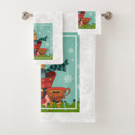 Whimsical Cat Sitzen in einem Teacup Weihnachten Badhandtuch Set