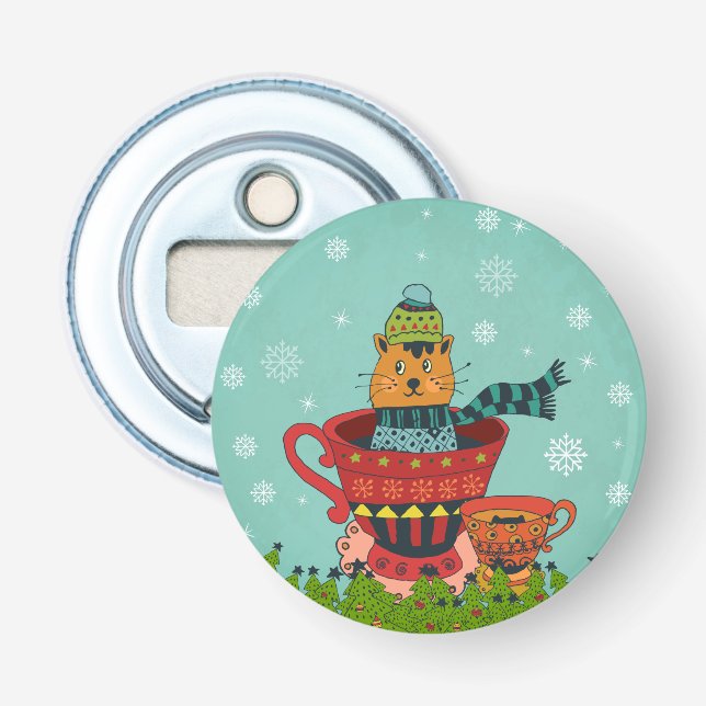 Whimsical Cat Sitzen in einem Teacup Weihnachten Flaschenöffner (Vorderseite)