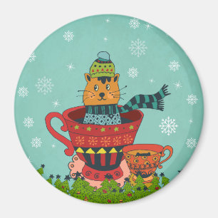 Whimsical Cat Sitzen in einem Teacup Weihnachten Magnet