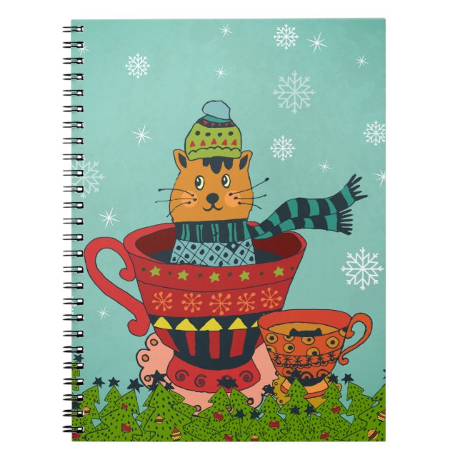 Whimsical Cat Sitzen in einem Teacup Weihnachten Notizblock (Vorderseite)
