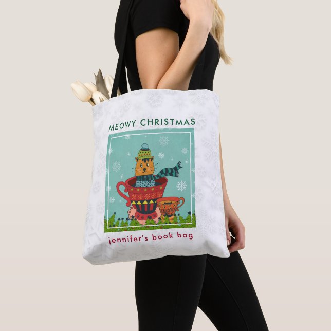 Whimsical Cat Sitzen in einem Teacup Weihnachten Tasche (Von Nahem)