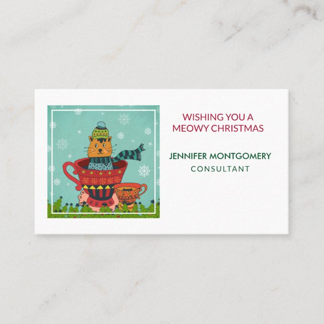 Whimsical Cat Sitzen in einem Teacup Weihnachten Visitenkarte (Vorderseite)