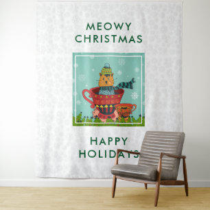 Whimsical Cat Sitzen in einem Teacup Weihnachten Wandteppich