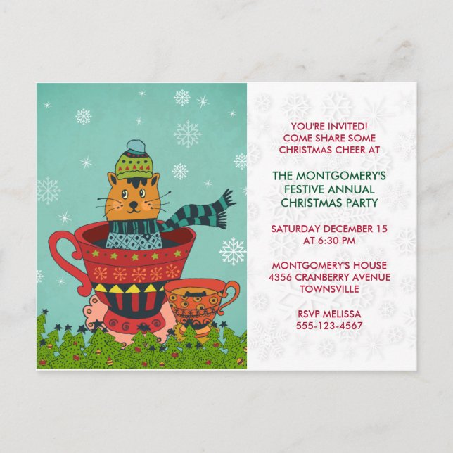 Whimsical Cat Sitzen in einem Teacup Weihnachtsfes Postkarte (Vorderseite)