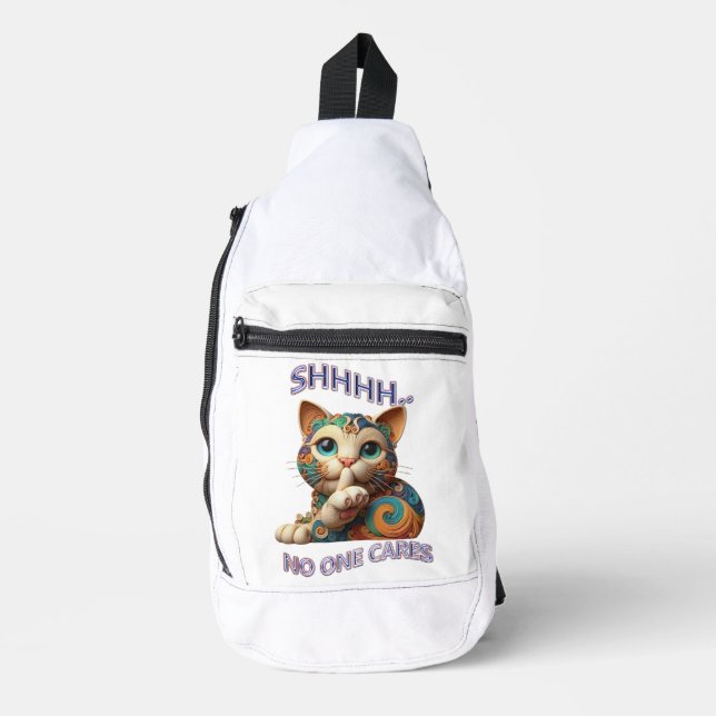 Whimsical Cat Whispers Shhhh Niemand Cares Crossbody Bag (Vorderseite)