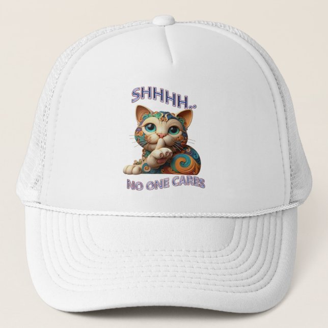 Whimsical Cat Whispers Shhhh Niemand Cares Truckerkappe (Vorderseite)