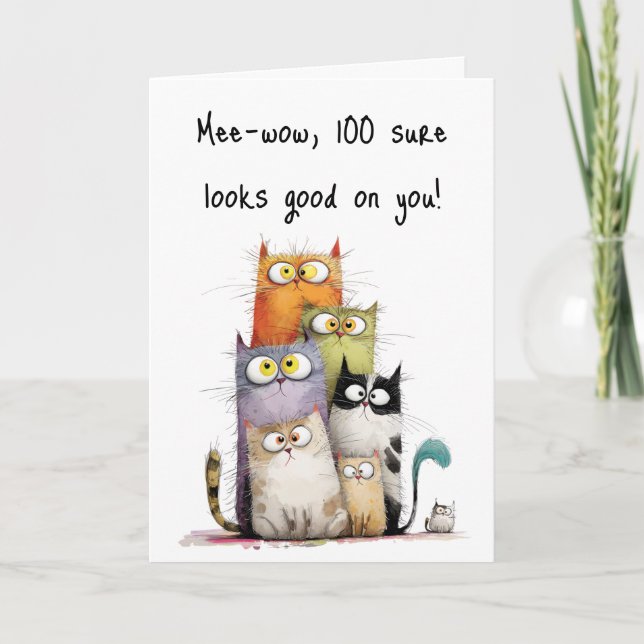 Whimsical Cats Big Eyes 100th Birthday Greeting Karte (Vorderseite)