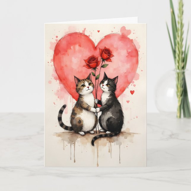 Whimsical Cats Valentine Hearts and Red Roses Karte (Vorderseite)