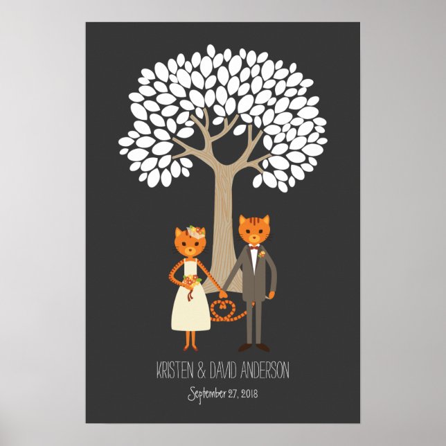 Whimsical Cats Wedding Fingerprint Signature Tree Poster (Vorne)