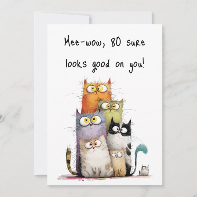 Whimsical Cats with Big Eyes 80th Birthday Flat Karte (Vorderseite)