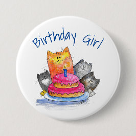 Whimsical Cats with Birthday Cake Button