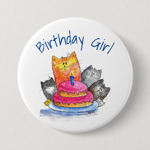 Whimsical Cats with Birthday Cake Button