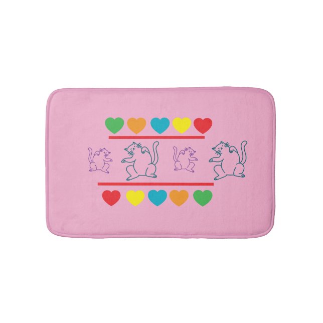 Whimsical Cats with Rainbow Hearts Bath Mat Badematte (Vorderseite)