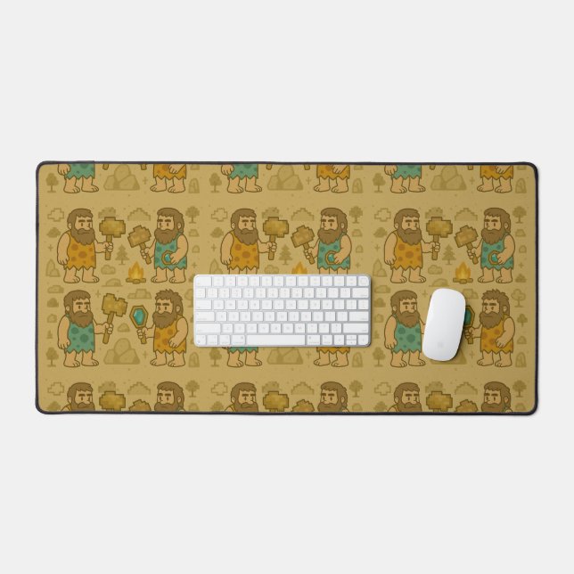 Whimsical Caveman Gamer with Pixelated Tools Schreibtischunterlage (Tastatur & Maus)