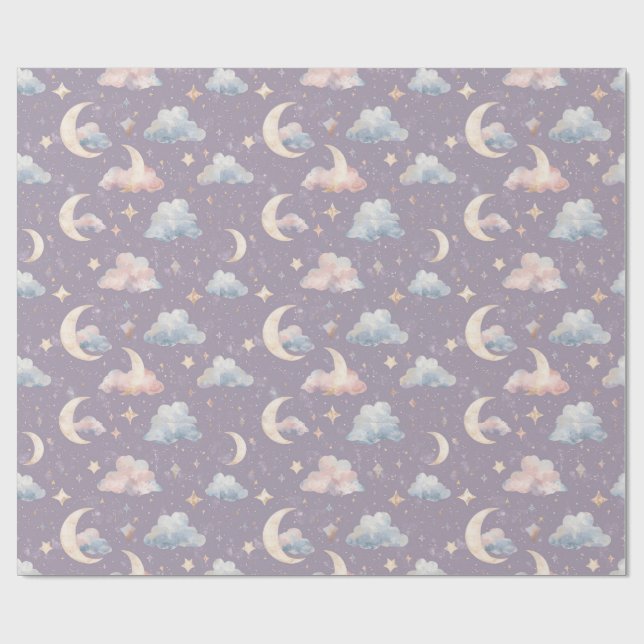Whimsical Celestial Watercolor Moon Stars Clouds Geschenkpapier (Flach)