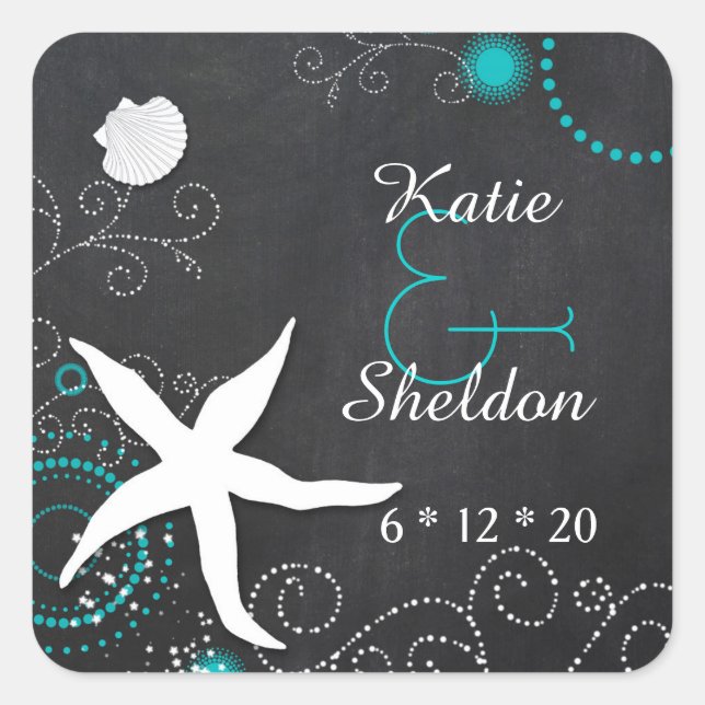 Whimsical Chalkboard Beach Hochzeit Quadratischer Aufkleber (Vorderseite)