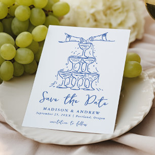 Whimsical Champagne-Turm Blaue Hochzeit Save The Date