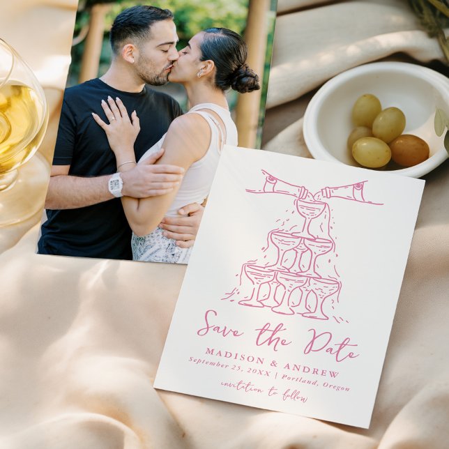 Whimsical Champagner Tower Pink Foto Hochzeit Save The Date (Von Creator hochgeladen)