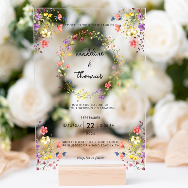 Whimsical Charm Wild Blume Wreath Foto Hochzeit Acryleinladungen (Von Creator hochgeladen)