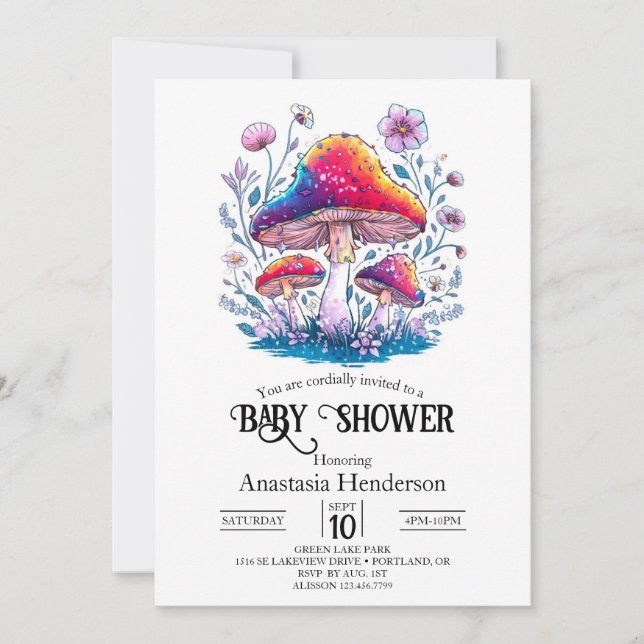 Whimsical Charming Mushroom Baby Dusche Einladung (Vorderseite)