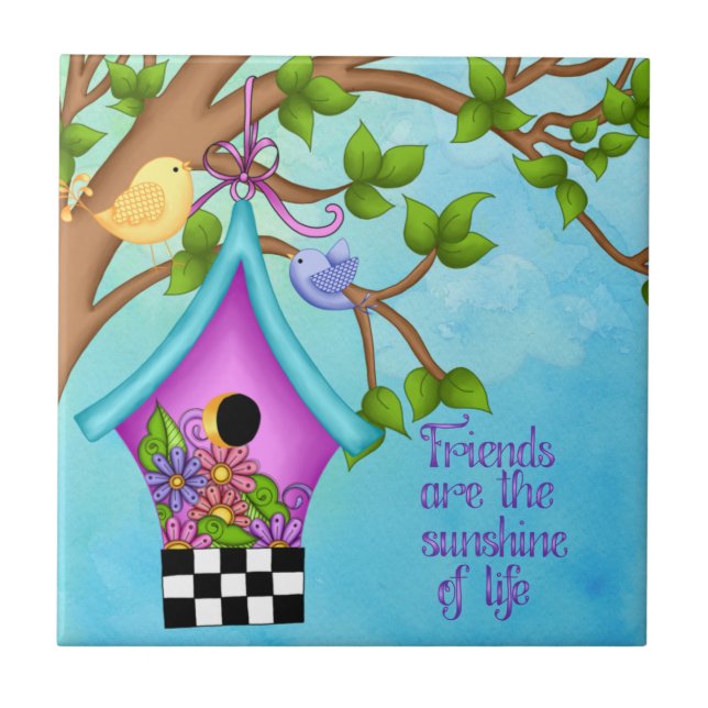 Whimsical Checkerboard Birdhouse Fliese (Vorderseite)