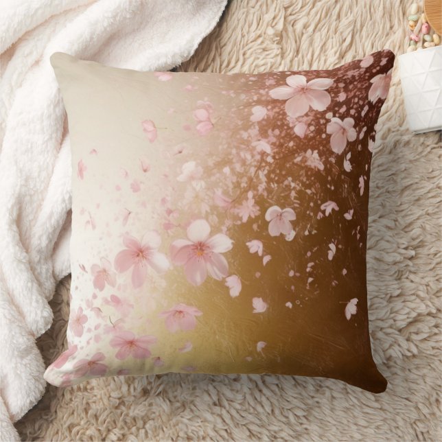 Whimsical Cherry Blossom Blizzard auf Golden Kissen (Decke)