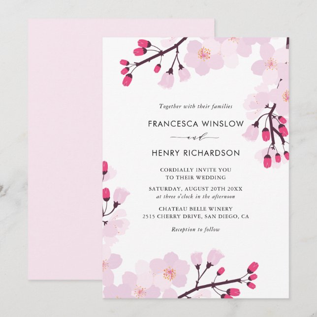 Whimsical Cherry Blüten Hochzeit Einladung (Vorne/Hinten)