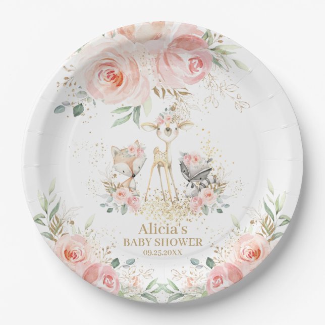 Whimsical Chic Blush Pink Floral Woodland Tiere Pappteller (Vorderseite)