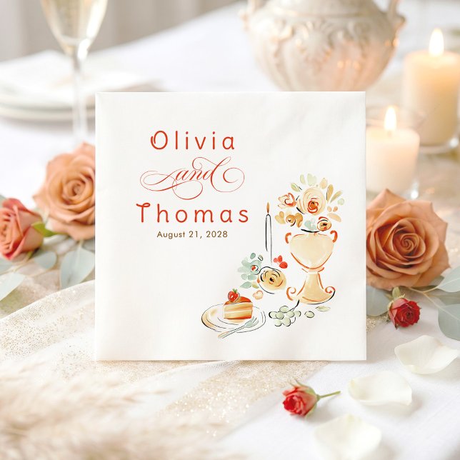 Whimsical Chic Elegant Hand Drawn Fall Wedding Serviette (Terracotta Whimsical Handmade Wedding Paper Napkins)