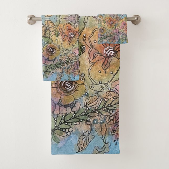Whimsical Chic Flower Garden Aquarellmalerei Badhandtuch Set (Insitu)