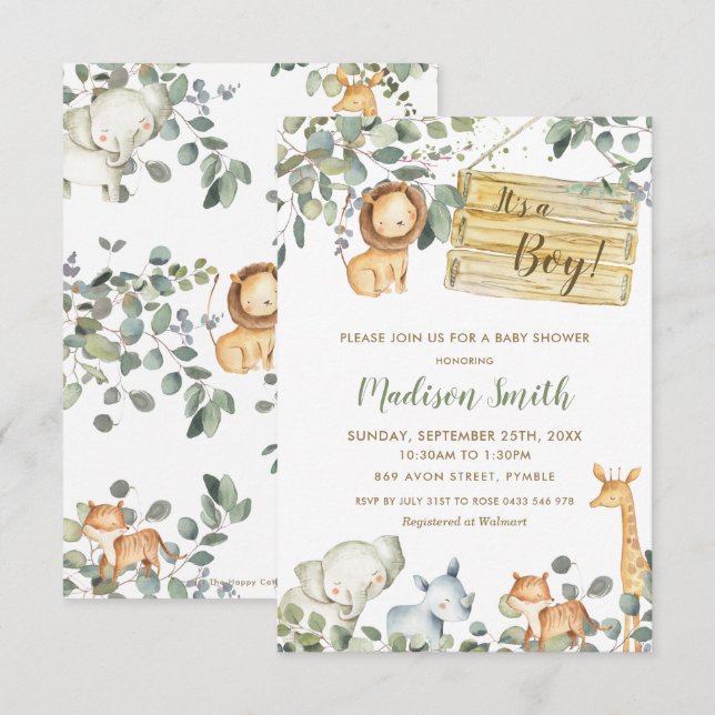 Whimsical Chic Greenery Jungle Animals Babydusche Einladung (Vorne/Hinten)