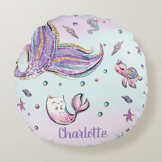 Whimsical Chic Meerjungfrau Schwanz unter der Meer Rundes Kissen (Vorderseite)
