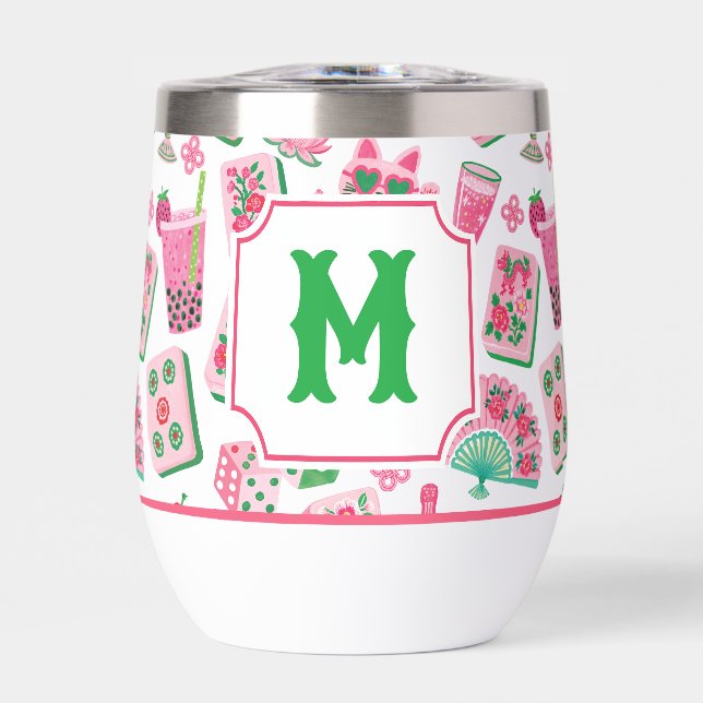 Whimsical Chic Rosa & Grün Mahjong Party Monogramm (Vorderseite)