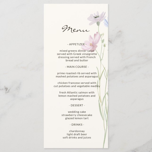 Whimsical Chic Wildblume Beige Hochzeit Menükarte (Vorderseite)