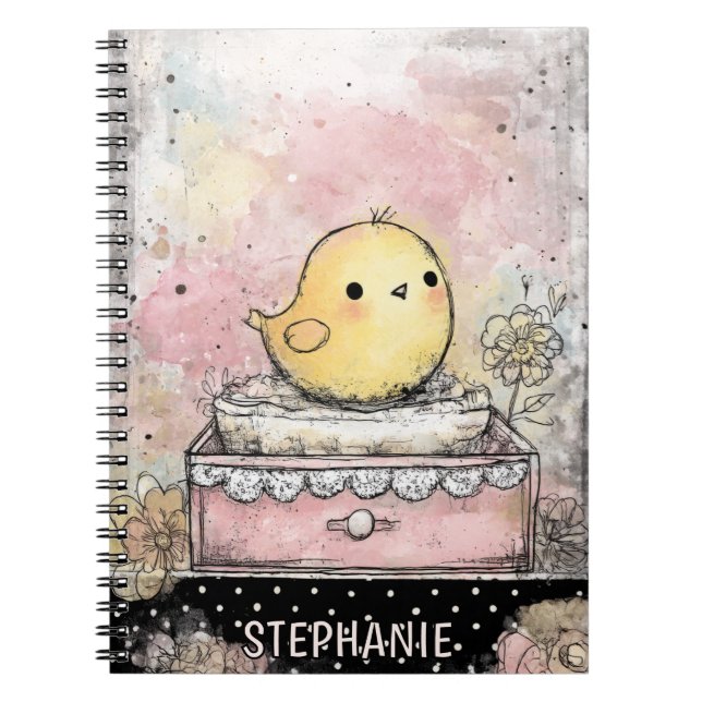 Whimsical Chick Florale Wasserfarben-Kunst Notizblock (Vorderseite)