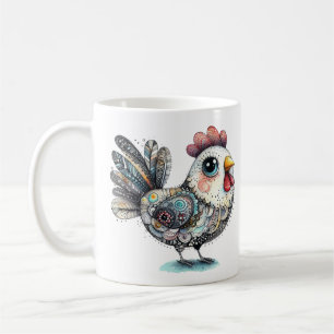 Whimsical Chicken oder Rooster Folklorekunst Kaffeetasse