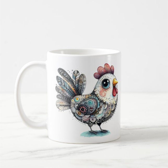Whimsical Chicken oder Rooster Folklorekunst Kaffeetasse (Links)