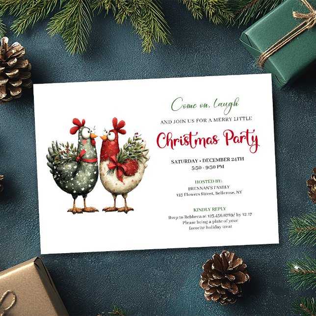 Whimsical Chickens Cartoon Christmas Party Invites Einladung (Whimsical Chickens Cartoon Christmas Party Invitation)