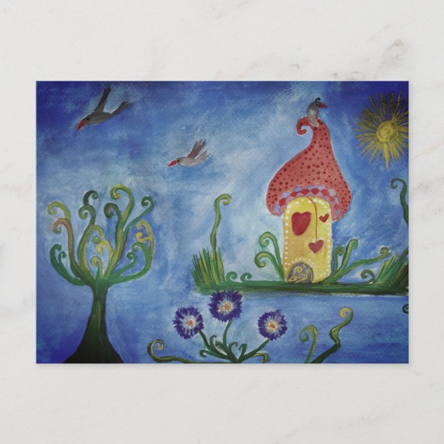 Whimsical Child Illustration Liebe House Postcard Postkarte (Vorderseite)