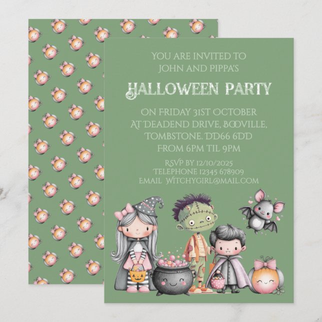 Whimsical Childrens Halloween-Party Einladung (Vorne/Hinten)