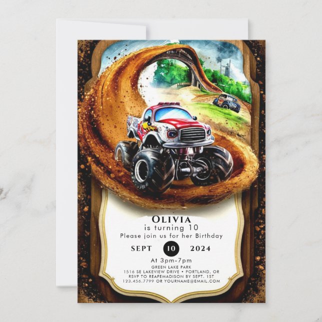 Whimsical Children's Monster Truck Geburtstag Einladung (Vorderseite)