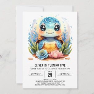 Whimsical Children's Watercolor Turtle Boy Birthda Einladung