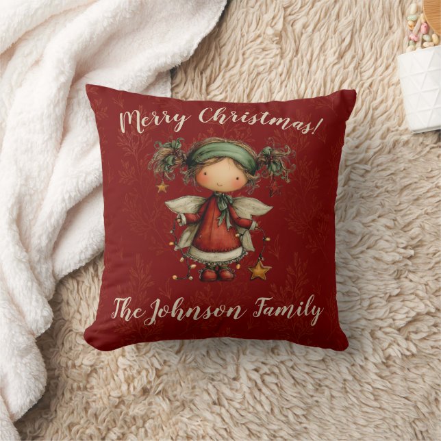 Whimsical Christmas Angel Red Holiday Decor Kissen (Decke)