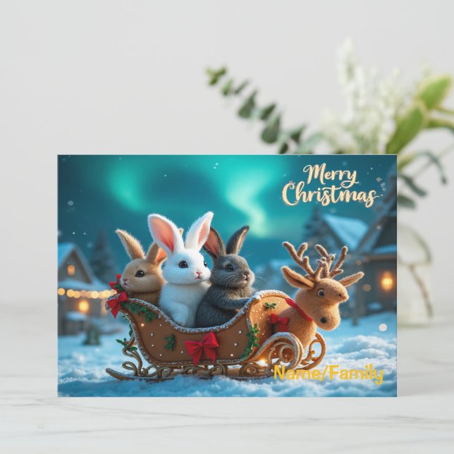 Whimsical Christmas Bunny Sleigh Ride Feiertagskarte (Stehend Vorderseite)