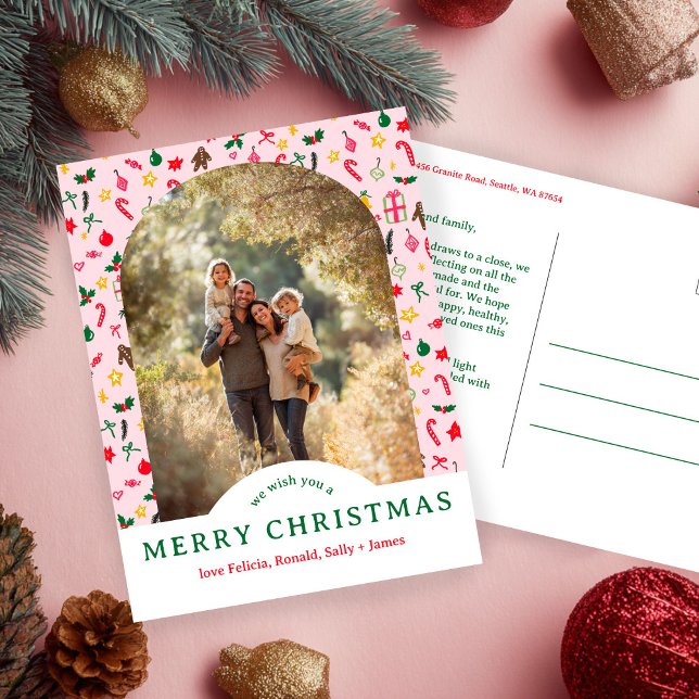 Whimsical CHRISTMAS Doodles CUSTOM Arch FOTO Postkarte (Whimsical CHRISTMAS Doodles CUSTOM Arch PHOTO Holiday Pink Postcard
)